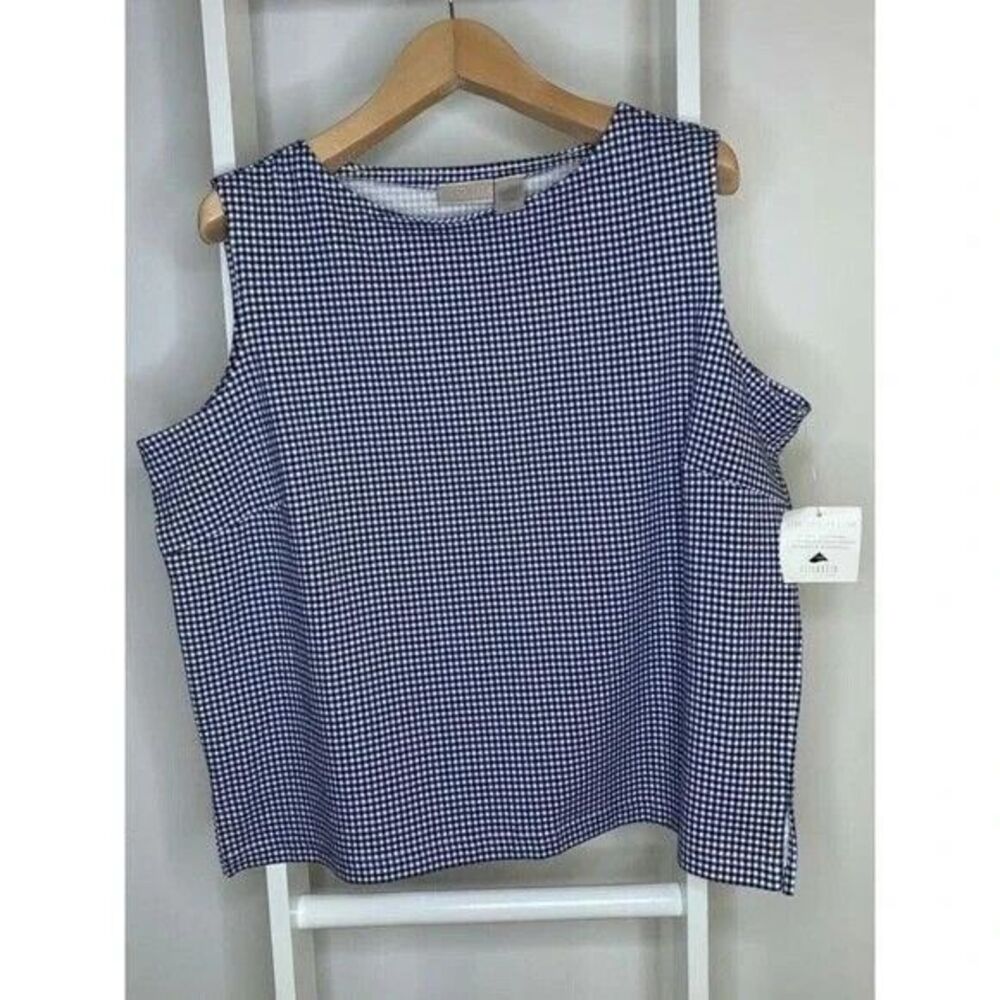 Liz Claiborne Tank Womens 2X Blue White Gingham Round Neck Nautical New